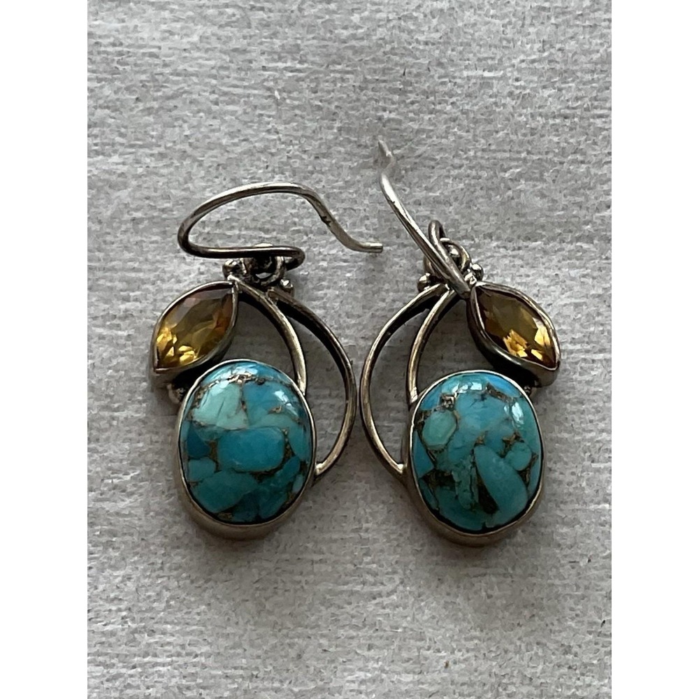 Vintage 925 Sterling Silver Turquoise & Citrine Dangle Drop Earrings Estate Jewe